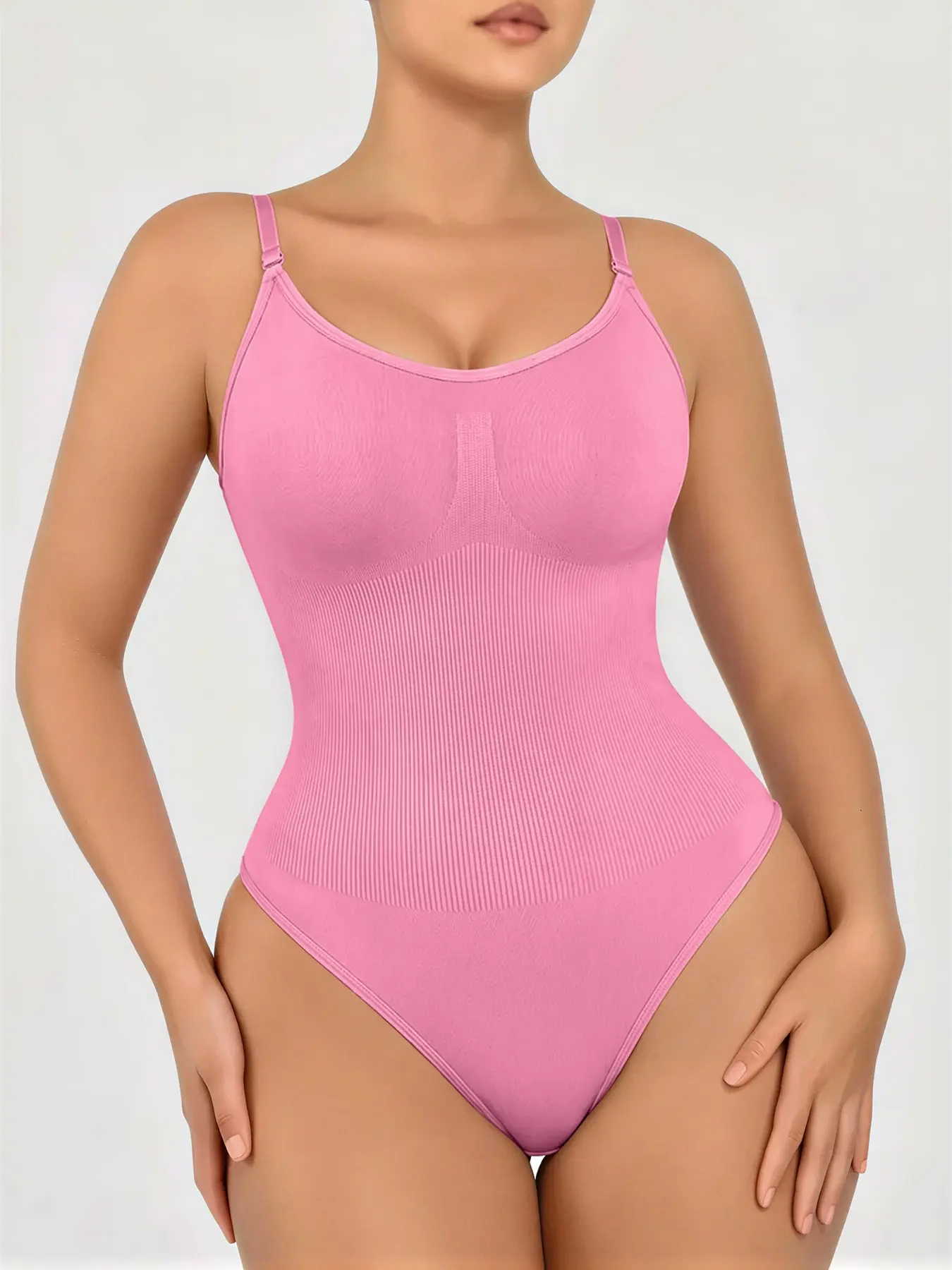 Ribbed Textured U Neck Bodysuit, Adjustable Strap Shaping, Targeted Abdomen Smoothing, Casual All-Seasons Shapewear for Everyday Wear