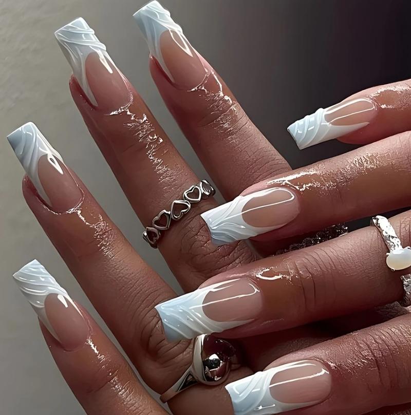 New Cross-Border Hot-Selling Fresh Style Nail Tips 3D Blue French Fish Tail Long Almond Wearable Nails Wholesale