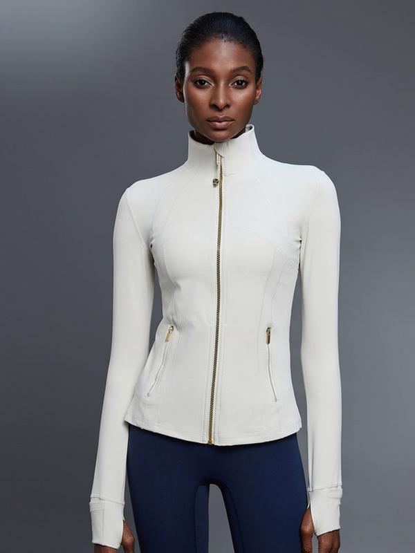 Yoga jacket for women, spring stand up collar, gold zipper, slim fit, casual long sleeved outdoor fitness suit top