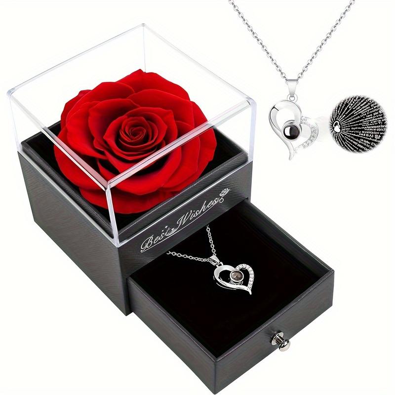 Forever Red Rose Gift Box with Necklace - Real eternal rose with women necklace inside, Enchanted Real Rose Flower for Valentine's Day Anniversary Wedding Romantic Gifts for Her.