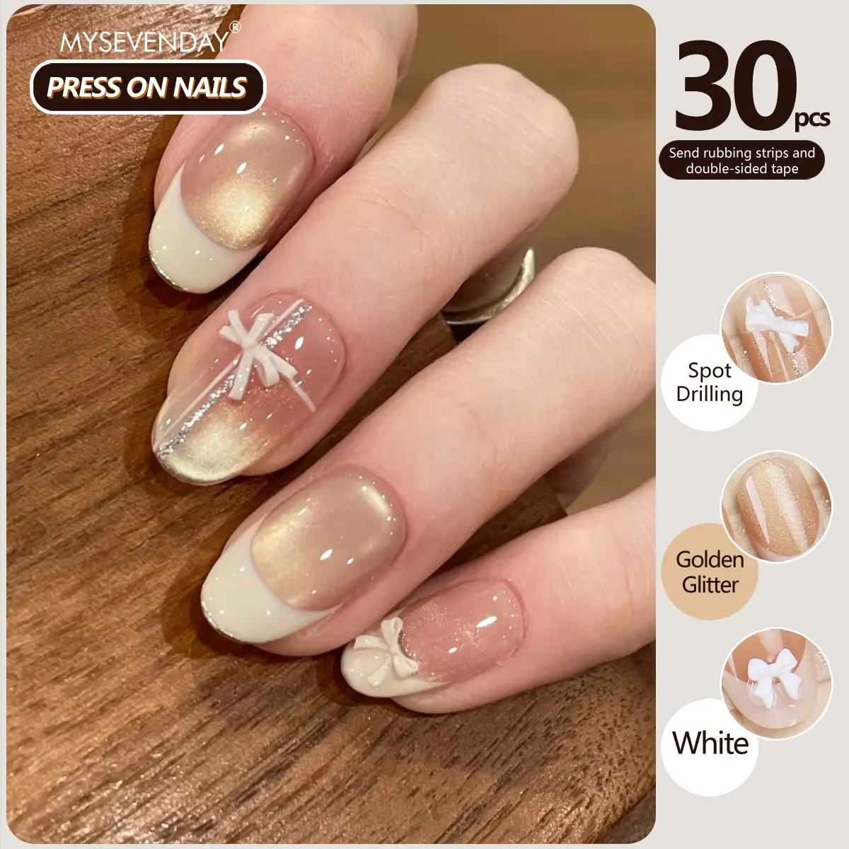 10 Pcs Short Oval Press-On Nails, Nude Gold Cat Eye French Tips, Bow & Silver Color Lines, Nail Kit with File & Jelly Stickers, Decorative Nails