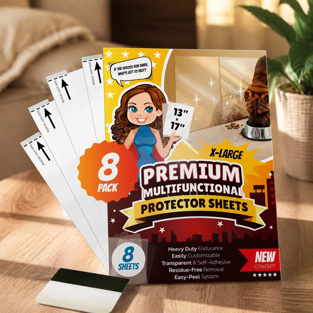 8-Pack Clear Wall & Door Protector from Dog Scratching - Anti Cat Couch Guard Plastic Sheets, Furniture Self-Adhesive Removable Sticky Tape, Transparent Thick Sofa Scratch Deterrent Frame Cover FilmGift