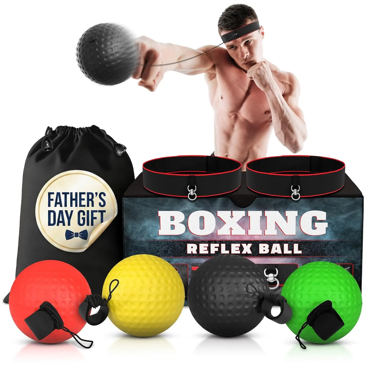 Boxing Reflex Balls Set - 4 Same Weight Color Balls, 2 Adjustable Headbands for Reaction Time , Hand-Eye Coordination, Hand Speed & Focus | Beginner to  Drills,   for Father