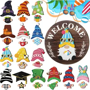 31 Pcs Attractive Interchangeable Wooden Gnome Door Hanger Holiday Seasonal Gnome Decorations with Magnet Pieces and Detachable Hats Changeable Welcome Sign  Home (Dark Brown)