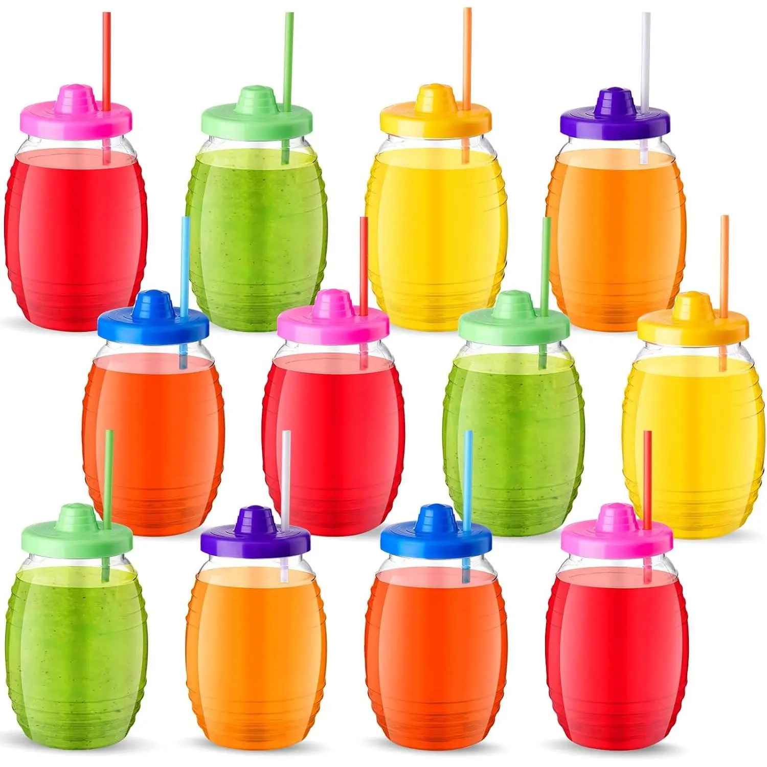 12 Pcs Mexican Mini Plastic Barrel 32oz Vitroleros Cups with Straw and Lid Mexican Jars in Assorted Colors for BBQ Party Fiesta Party Decorations