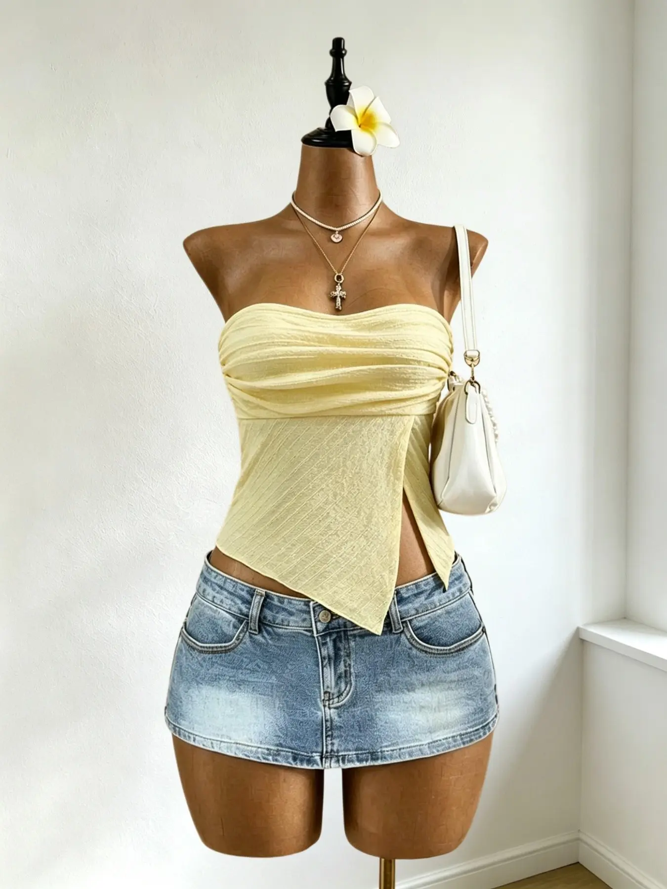 Summer Women's Bodycon Textured Halter Top, Front Ruched Side Split Asymmetrical Hem, Nightclub Vacation Outerwear, Slimming Sleeveless Strapless Vest