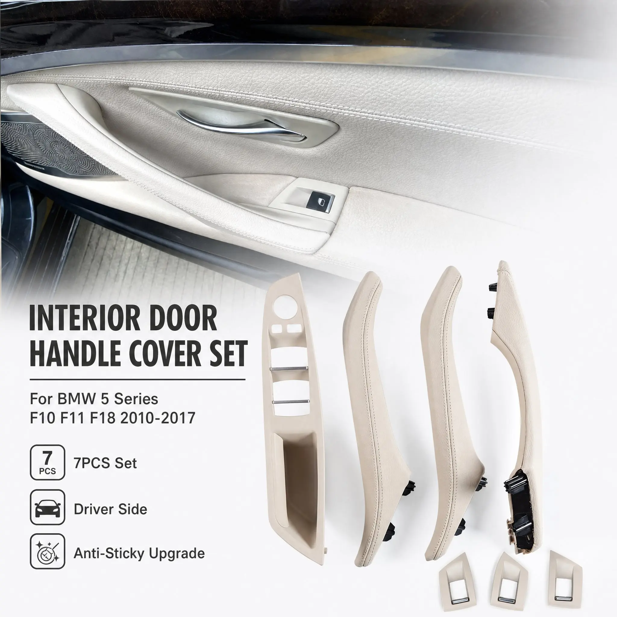 For BMW 5 Series F10 F11 F18 2010-2017, Leather Cover Interior Door Handle 7PCS Set, Driver Side Pull Handle Trim, Anti-Sticky Upgrade Accessories, Automotive Interior Accessories