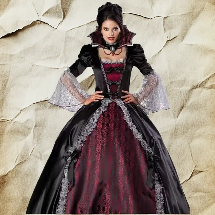 Women's Thick-Fabric Gorgeous Vampire Suit with Balls - Halloween Masquerade Party Cosplay Performance Outfit (Festive Party Accessory)