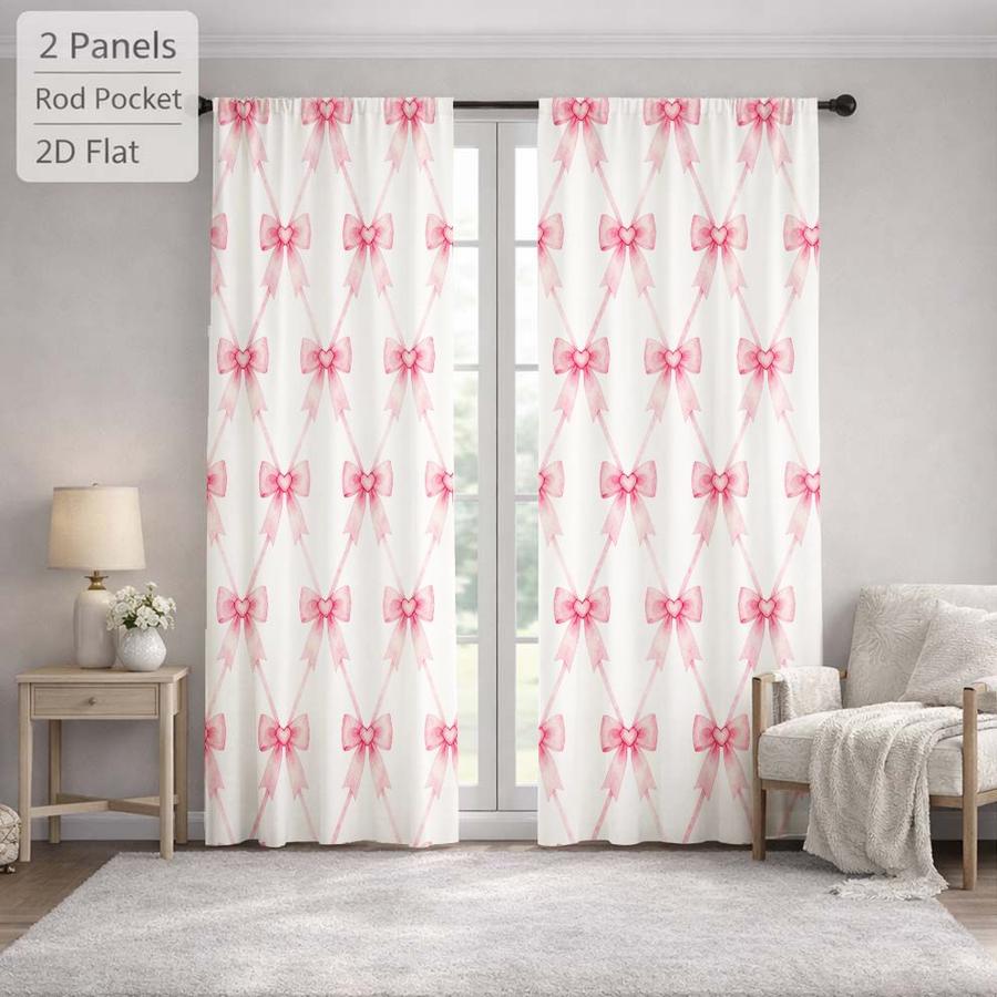 2Pcs Cute Pink Bowknot Pattern Curtains Digital Printed Rod Pocket for Bedroom Office Kitchen Living Room Study Home Decor Soft Light Filter Easy Installation