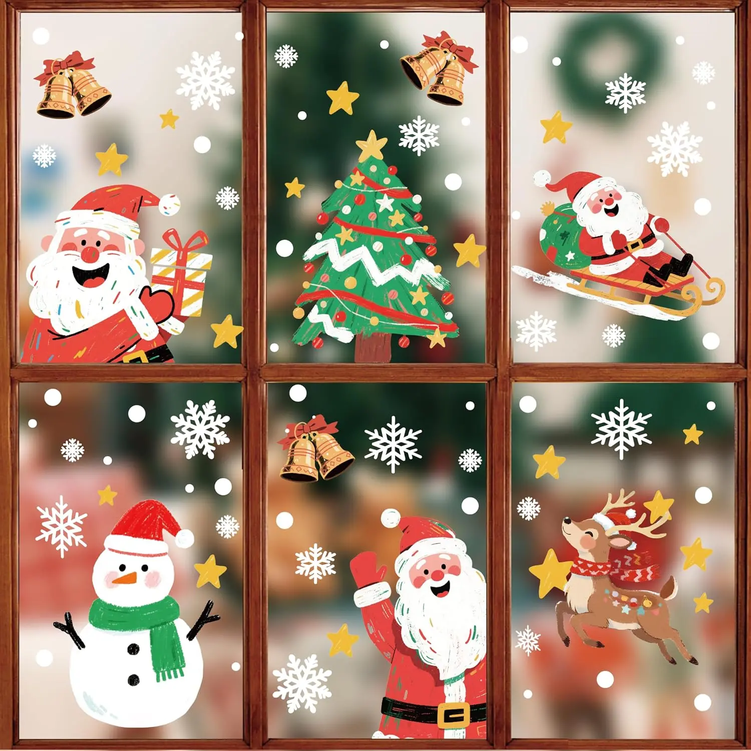 375 count Christmas Window Decorations - 8 Sheets Removable Window Clings with Santa  Snowflakes,  Stickers for Christmas Decorations Indoor & Holiday  Shop Decor (Christmas Sleigh)