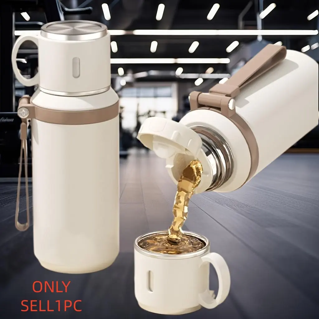 Stainless Steel Durable Insulated Water Bottle 600ml/1L with Rope, Dual-Function Coffee Cup, Portable Outdoor Vacuum Insulated Thermal Flask for Camping, Cycling, Home & Office, Insulated Travel Drinkware