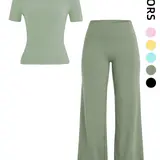 【Biack Friday】Women's Sporty Two-Piece Set, High Elastic Round Neck Short Sleeve, Soft Breathable Yoga Fitness Clothing Gym Golf Tennis Workout Clothes
