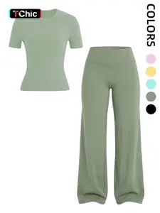 Women's Sporty Two-Piece Set, High-Elastic Round Neck Short Sleeve, High-Waisted Tummy Control Pants, Soft Breathable Yoga Gym