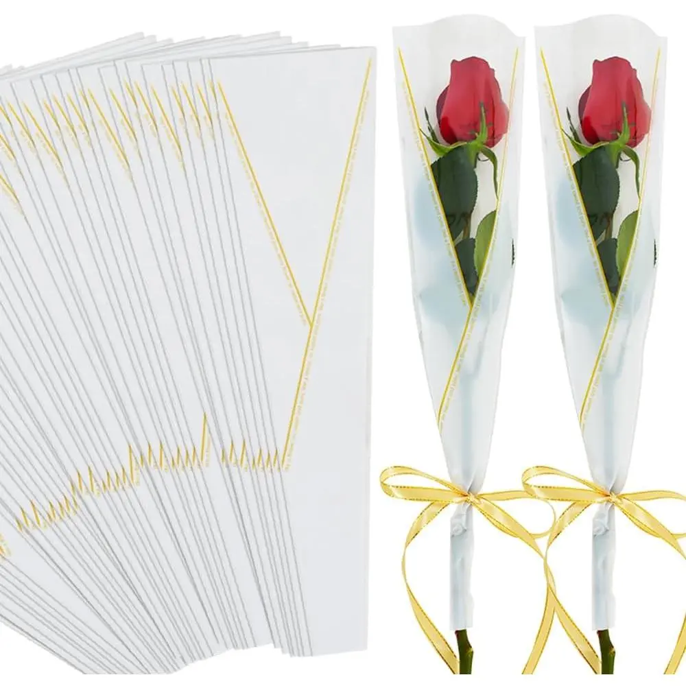 100 count Single Rose Sleeve Plastic Single Flower Wrapping Rose Packaging Cellophane Flower Sleeves for Florist Bouquet Supplies Mother's Day Valentine's Day (White and  Letter)