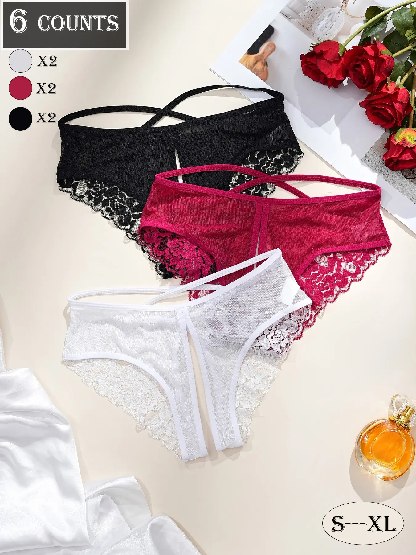 Dorsu 6-Pack Sexy Multi-Color Crotchless Lingerie Underwear Set, Floral Lace Design, Soft Comfortable Fabric, Perfect for Dates