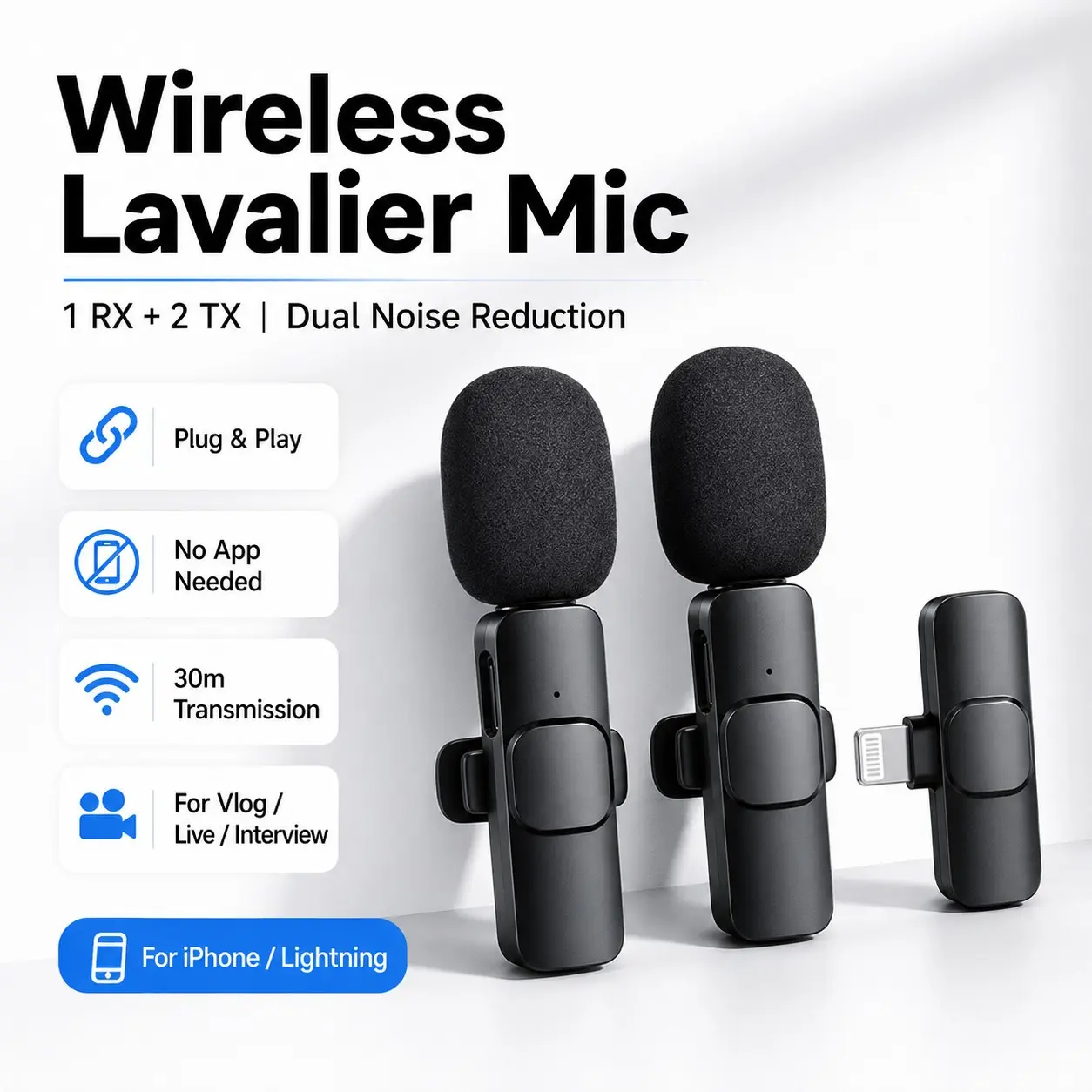 Wireless Lavalier Microphone Set, 1 Rx 2 Tx Clip-On Mic, Plug & Play Noise Reduction, Ideal for Live Streaming, Vlogging, Interviews, Phone Recording, Podcast Equipment