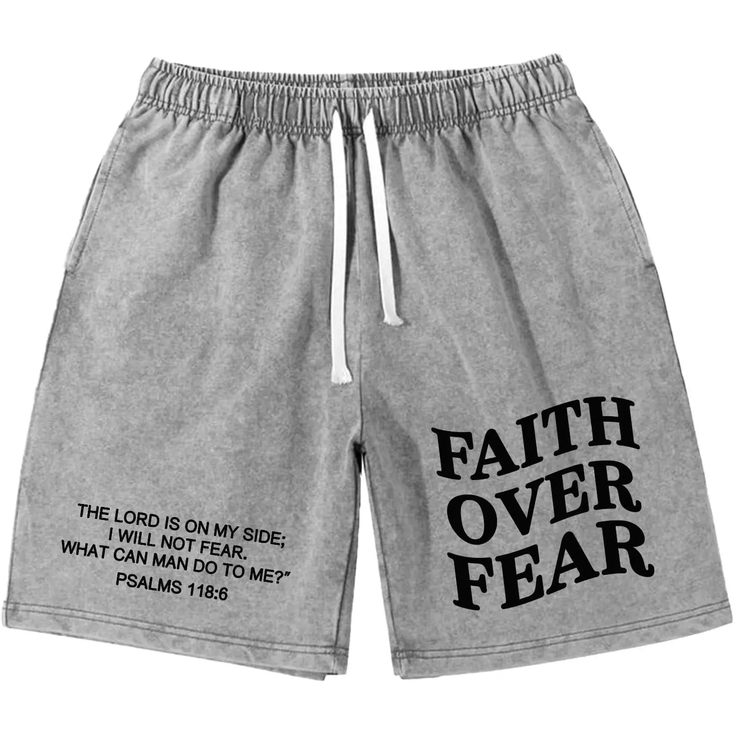 Boys Christian Jesus Acid Wash Shorts - Boys Clothing, Kids Clothing, Poly-Cotton, Elastic Waist, Letter Graphic, Pockets, Summer Faith Over Fear Graphic Letters Men's Shorts