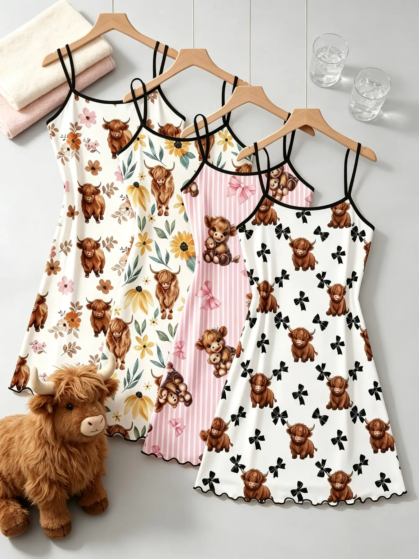 4 Pack Ins Aesthetic Women's Sleep Dresses Highland Cow Sunflower Floral Bow Print Spaghetti Strap Lettuce Hem Contrast Trim Soft Cozy Casual Nightgown Loungewear Nightwear for Home Daily Wear