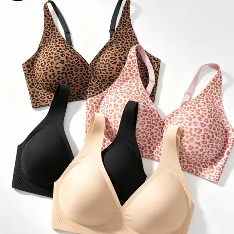 2/3/4 PCS Wireless Bra Set For Women, Jelly Bra Bralettes, Jelly Strips Natural Lift And Support, Deep V Design Seamless Invisible Under T-shirt, Breathable Fabric, Leopard Pattern Daily Lingerie, Jelly Wireless Bralette