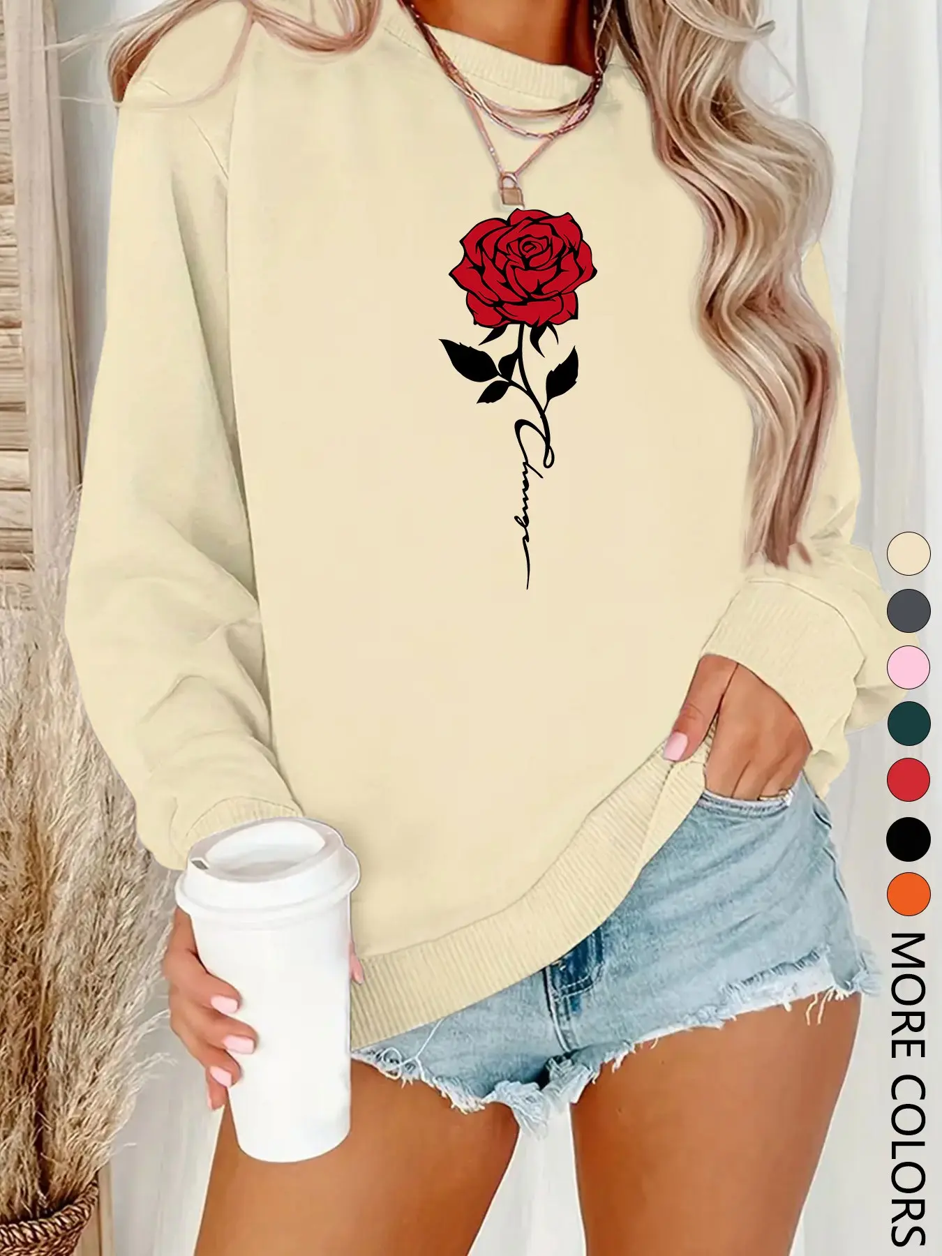 Women's Fall Winter Casual Rose Pattern Sweatshirt, Long Sleeve Fitted Top, Breathable Comfortable Daily Wear, Fashionable Sportswear