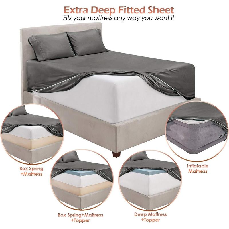 Deep Queen Sheets Sets - Fits Mattress 18-24 Inches Deep - Deep Sheets - 6 Piece Queen Size - Grey