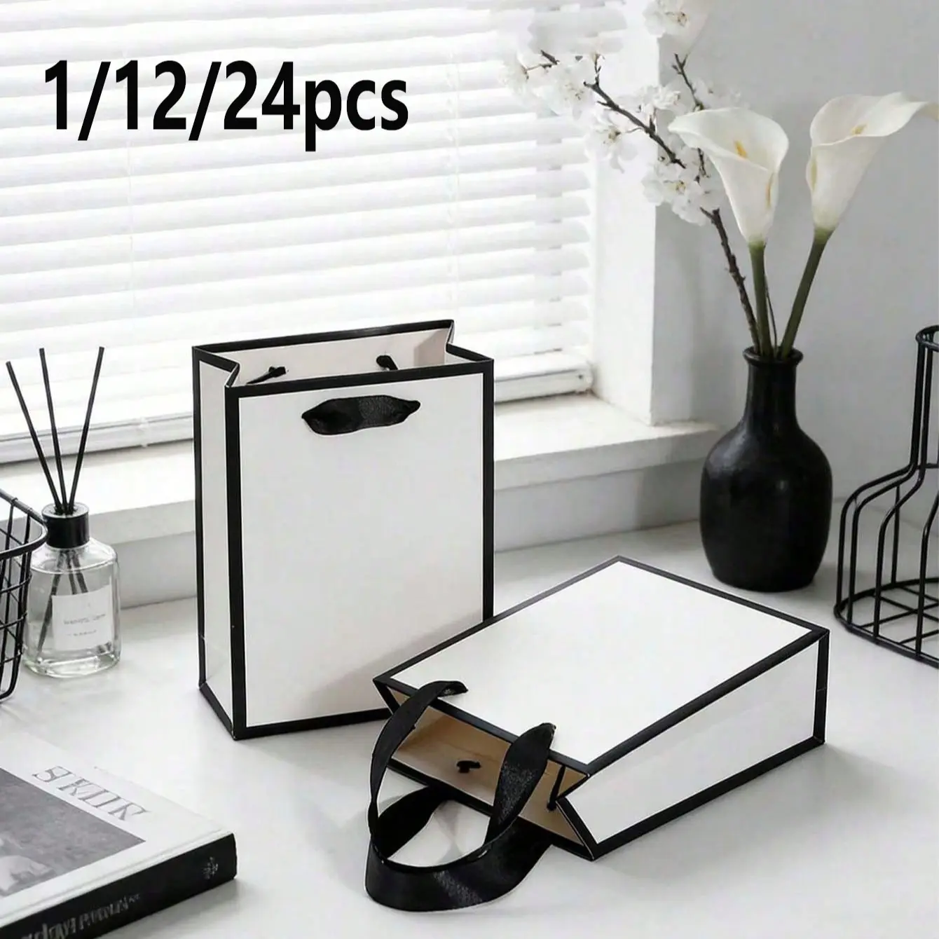 Paper Bags with Trim and Handle, 12x5.7x16cm, Elegant Minimalist Style, Mini Bags for Jewelry, Gifts, Weddings, Retail, Events