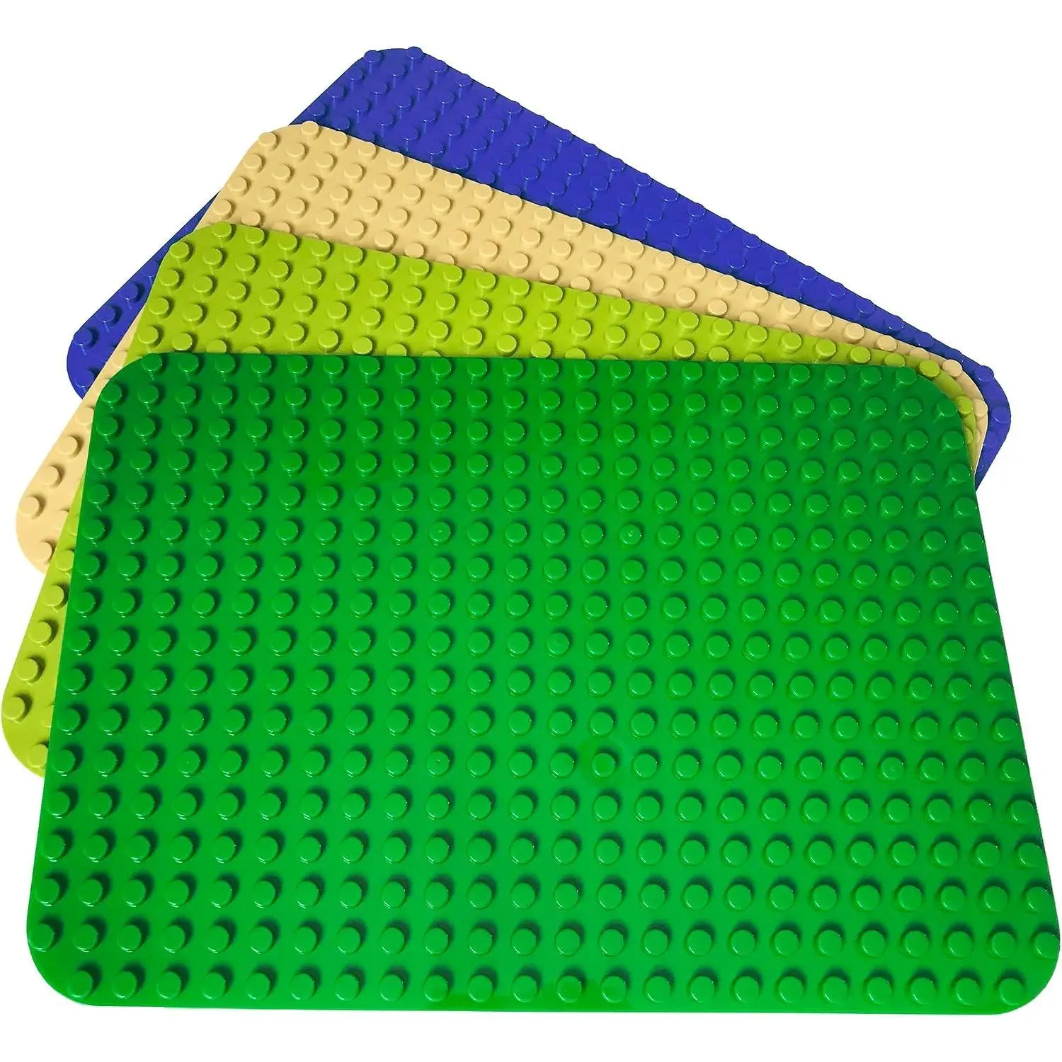 4 Multicolor Building Block Base Plates, 15 x 10 Inch for Large Blocks Create sturdy builds with four large 15 x 10 inch base plates compatible with most large building blocks