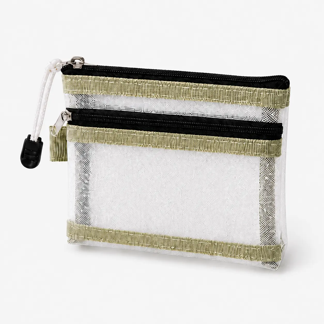 1PC Olive Green Mesh Zipper Pouch, Double-Layer Travel Organizer with Wrist Strap, See-Through Cosmetic Bag and Pencil Case for Cables and Daily Essentials