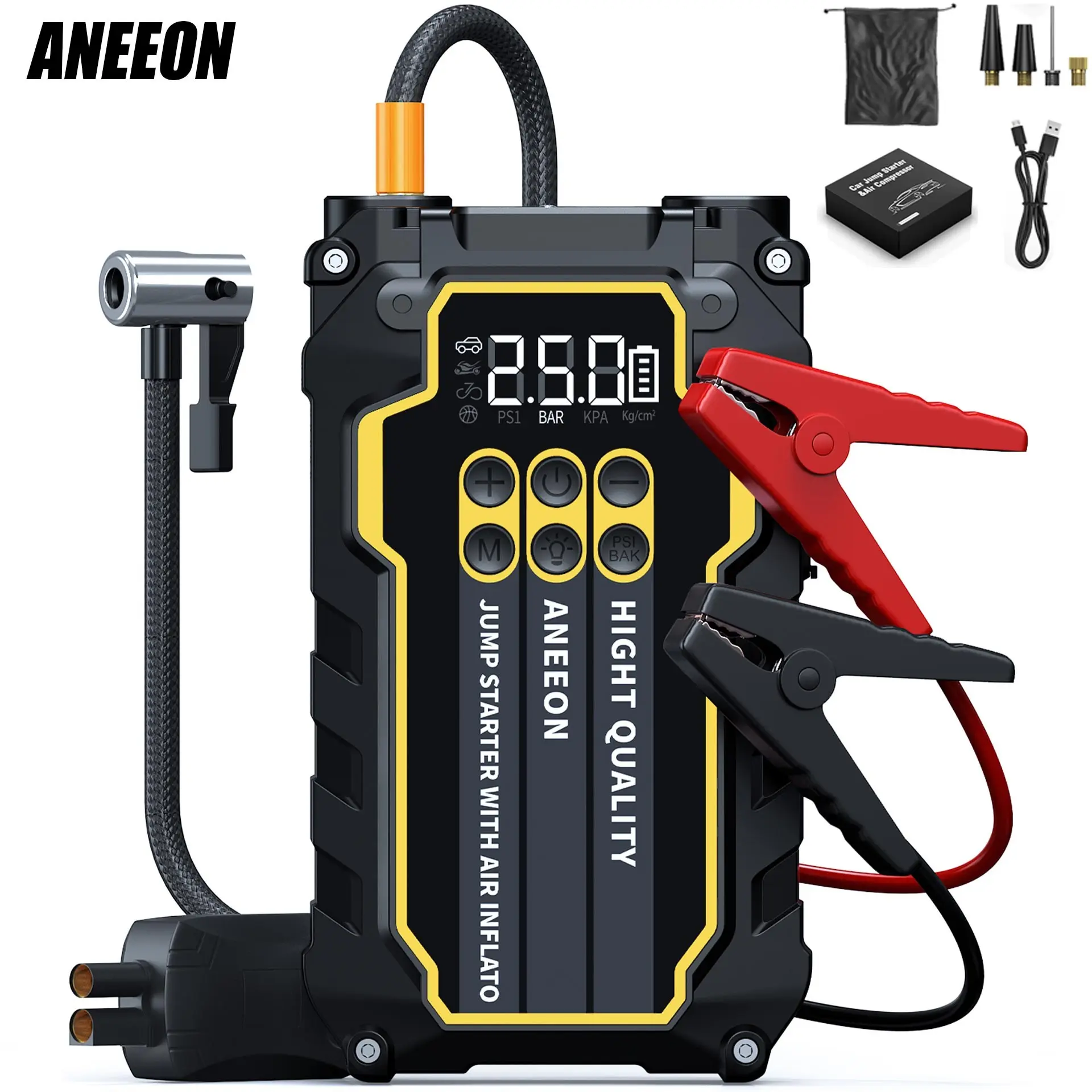 Car Jump Starter with Air Compressor 6400mAh, Automotive, Fits Gasoline 10L Diesel 8.5L, PSI Tire Pressure Display, 12V Battery Booster, LED Light, USB Charging