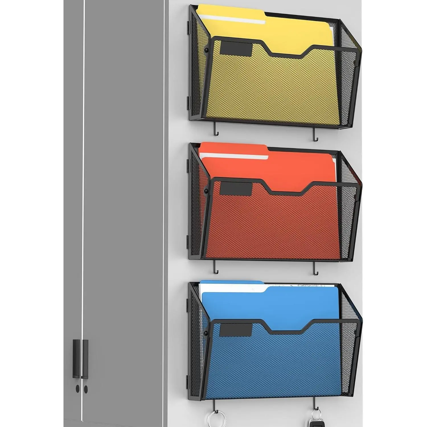 3 Pack Dual-Mount Magnetic Mesh File Holders, Wall Organizer | Mount magnets or screws. 2-in-1 hanging mesh mail letter organizer with hooks for office and home clutter