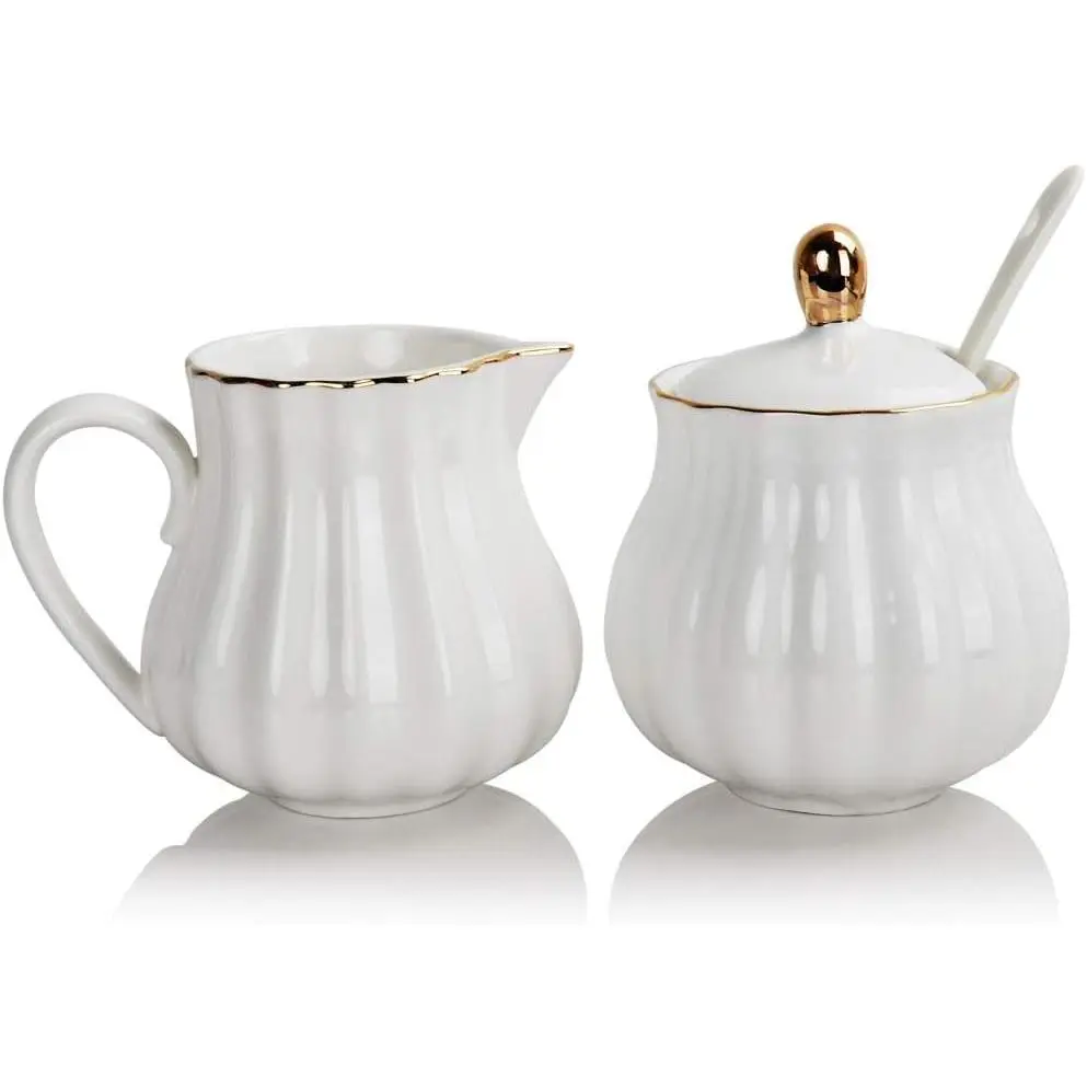 Sweejar Royal Ceramic Sugar and Creamer Set, 3 Piece Set with Cream Pitcher, Sugar Bowl, Sugar Set with Lid & Spoon, Coffee Serving Set Wedding Gift(White)