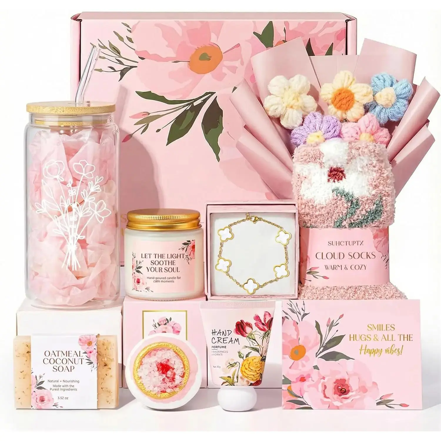9pcs Happy Birthday Gifts for Women, Christmas Ideas Mothers Day Gift Baskets Unique Rose Self Care Set Valentines Day Gift for Her Mom Sister Wife Friend Friendship Teacher