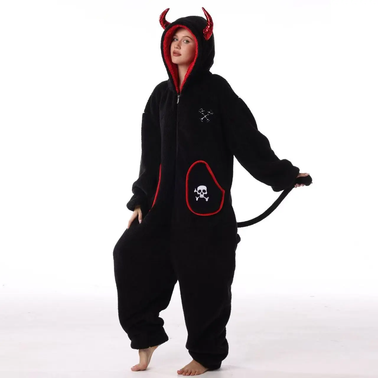 Halloween Demon Onesie Sleepwear, Party Gift Loungewear, Unisex Home Festival Essential, Wearable Blanket, TV Thick Blanket, Free Devil Mask Included