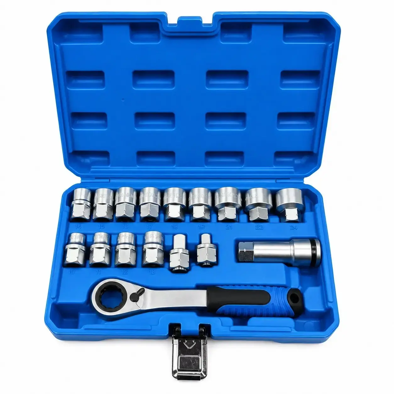 17-Piece Pass Through Drive Socket Set, Metric 10–24mm, Hollow Ratchet Socket Kit, Drive Socket Wrenches for Automotive Repair & Machine Maintenance