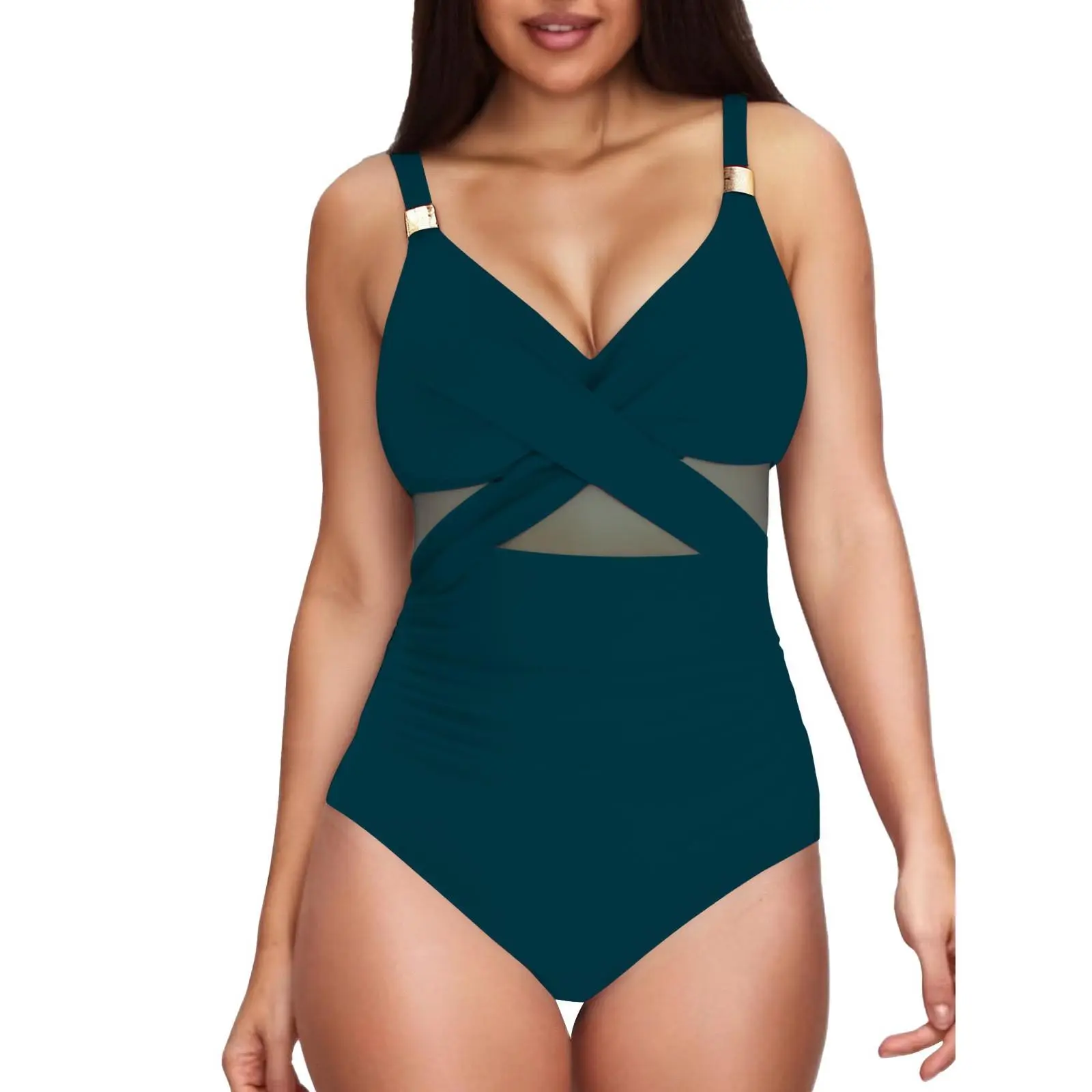 Women Black Mesh Wrap One Piece Swimsuit, Tummy Control Ruched V Neck Bathing Suit, Adjustable Strap Slim Fit Beach Swimwear for Summer Vacation