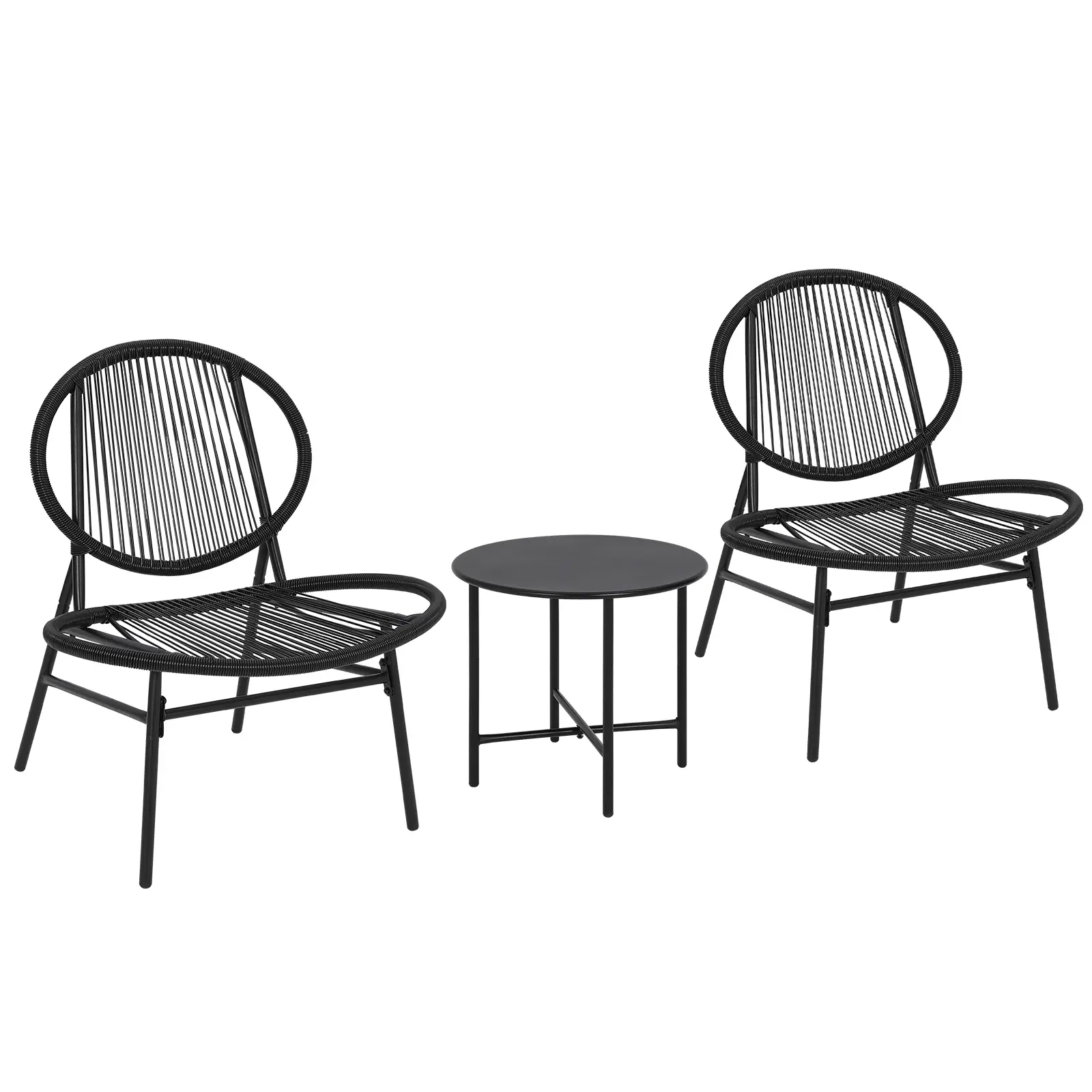 3-Piece Acapulco Outdoor Bistro Set – Glass Side Table and All-Weather Woven Rattan Chairs with Cushions – Compact Patio Conversation Furniture for Balcony, Garden, Backyard, Porch – Black