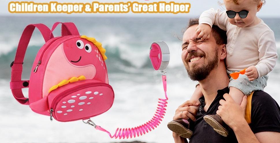 BY-XY Toddler Backpack Harness with Safety Leash, Cute Dinosaur Harnesses with Kids Anti Lost Wrist Link, Mini Child Schoolbag with Wristband Tether Strap and Protection Leashes for Baby Girls (Pink)
