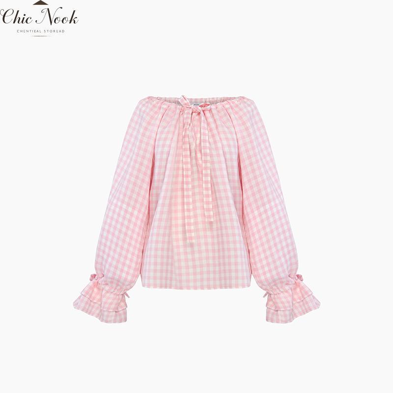 Women Fashion Plaid Outfit, Long Sleeve Tie-up Crew Neck T-shirt And Elastic Waist Shorts Summer Outfit