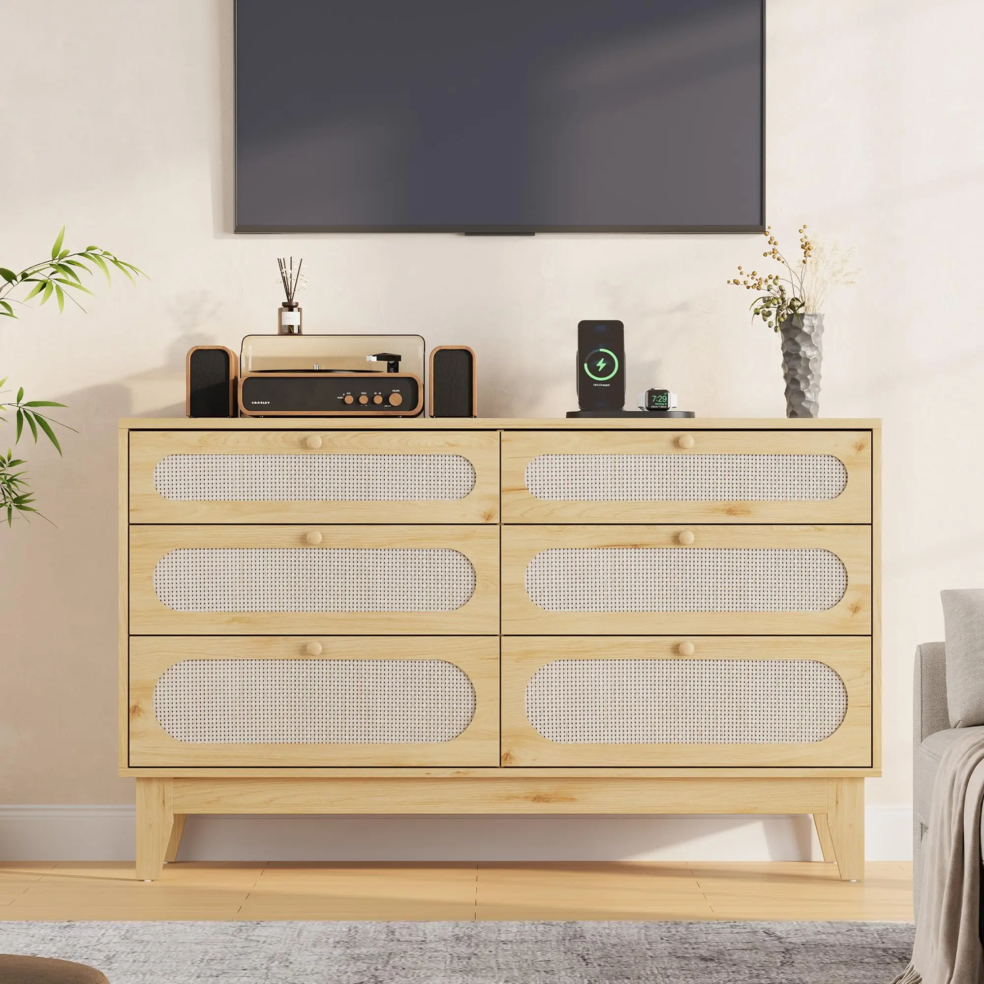 Rattan Wardrobe for Bedroom, 6 Drawer Wardrobe Changer, Wardrobe, Oak Storage Wardrobe for Bedroom, Living Room, Entrance, Hallway ﻿