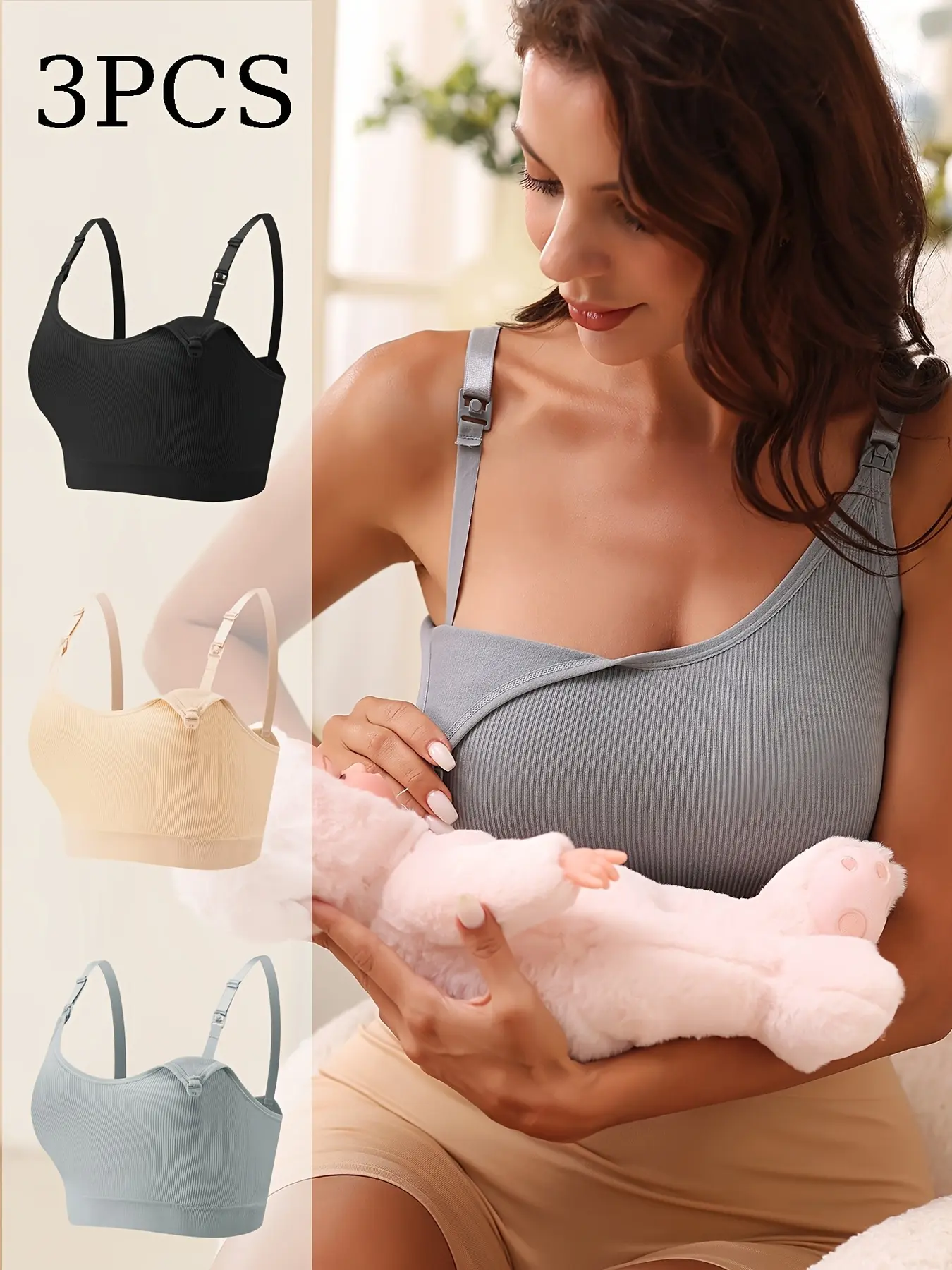 3-Piece Women's Breastfeeding Bra Ringless Threaded Single-Layer Breastless Vest, Adjustable Straps, Breathable Breastfeeding Bra, Clip-On Breastfeeding Bra, Comfortable Full-Cover Wireless Breastfeeding Bra