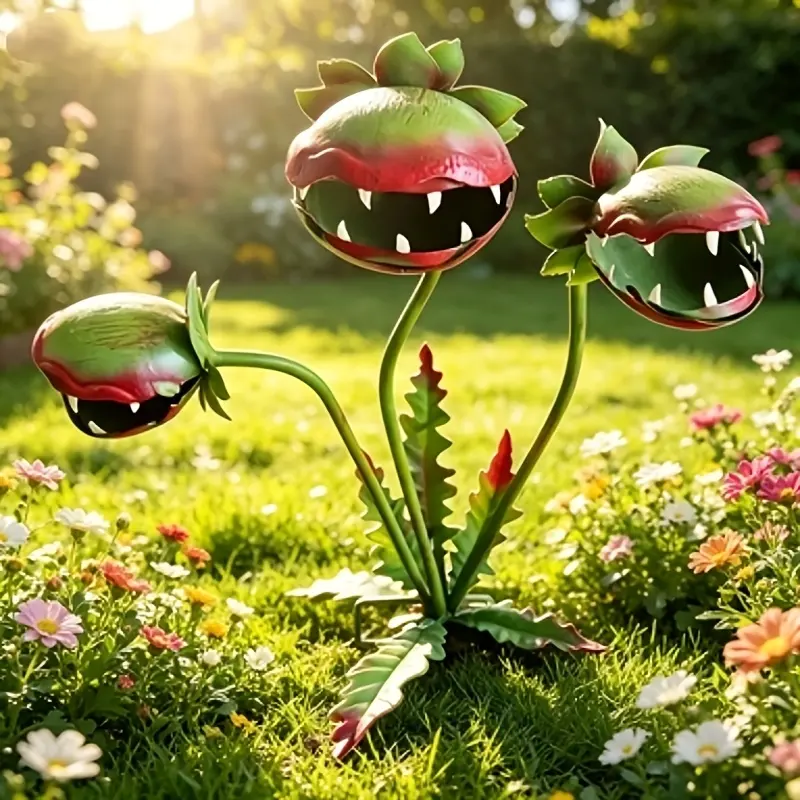 [3D] [3D] Fun Meat Garden Plaque, Garden Decor for Outside, 3D Terrifying Painted Metal Three-headed Outdoor Flower Meat Sculpture Plaque, Garden Vegetable Climbing Structure, Flowerpots, Garden And Lawn Decoration Plaque