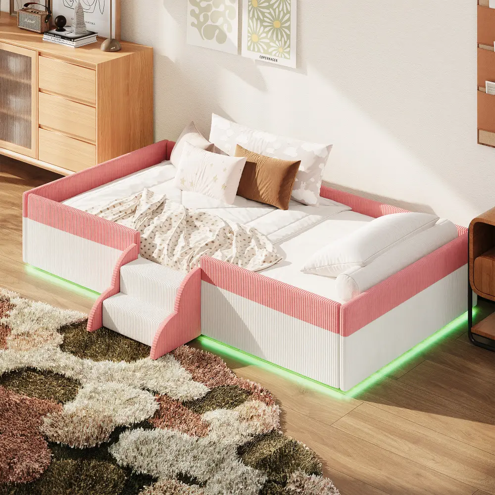 Twin Size Upholstered Floor Bed with Fence, 2-Tier Steps and Smart LED Lights