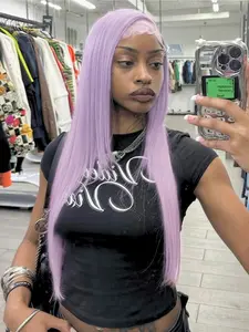 Lavender Lace Front Wig 13x4 HD Lace Frontal Wig Light Purple Straight Synthetic Wig Heat Resistant Fiber Pre Plucked Hairline Purple Concert Music Festival Look Straight Wig 28 Inches