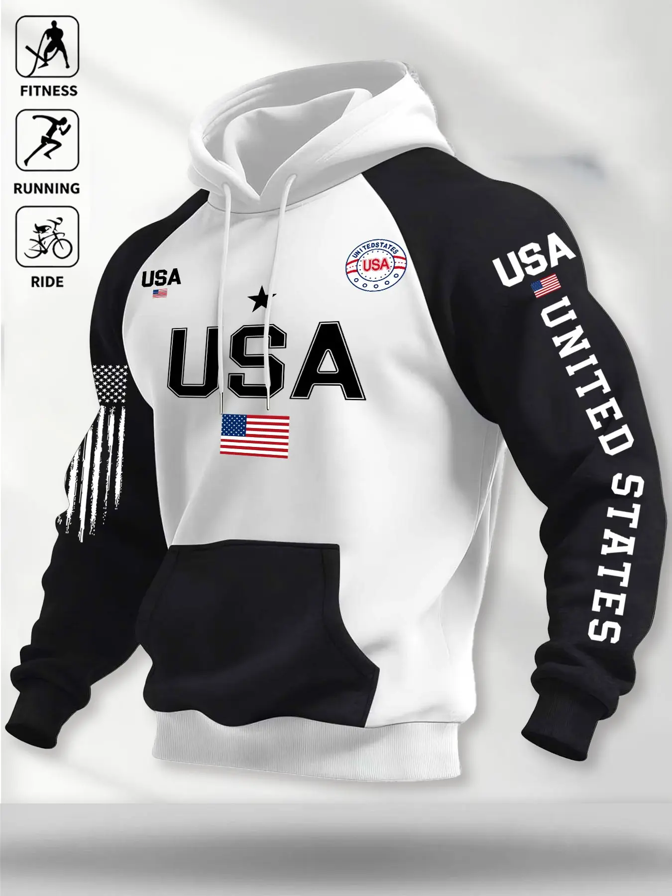 Fashionable Patchwork Usa Flag Print Hoodie for Men, Fall & Winter Casual Retro Drawstring Sports Sweatshirt, Loose-Fit Minimalist Style
