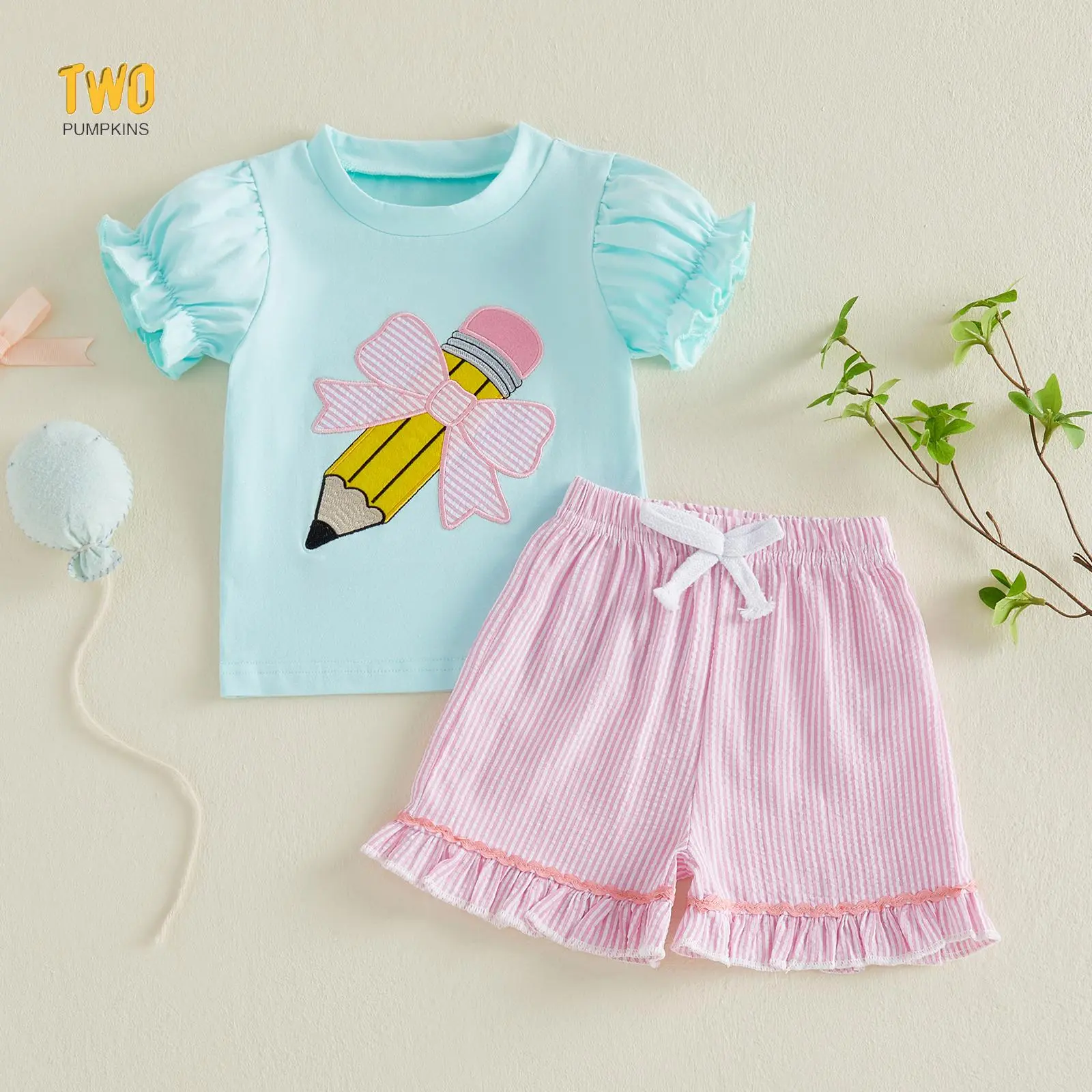 Toddler Girls Back to School Outfits Adorable Bow Bus Embroidery Short Sleeve Round Neck Tops and Striped Shorts Set