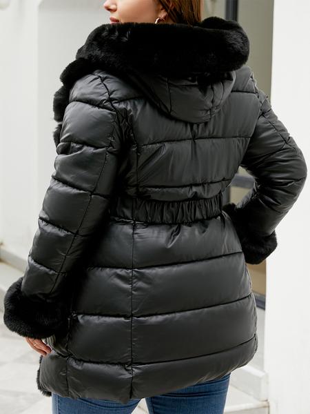 Women's Plus Size Casual Warm Hooded Jacket, Fall Winter Thick PU Fabric Coat with Belt, Elegant Long Sleeve Outerwear