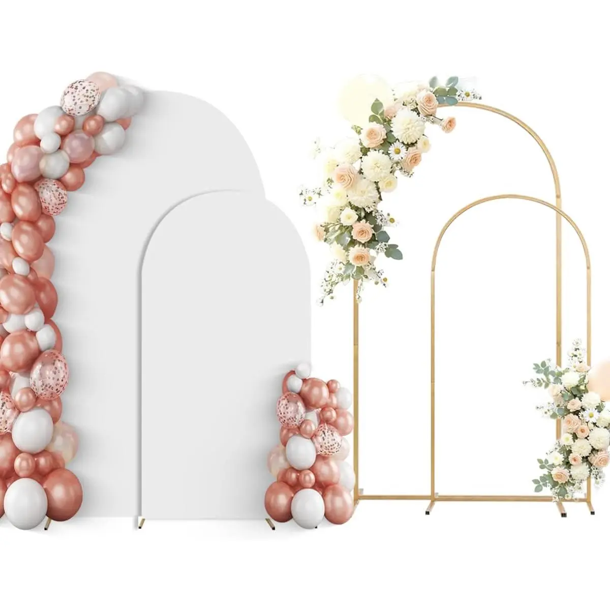 Metal Arch Backdrop Stand Set of 2 With White Cover (7.2FT+6FT) |  Wedding Balloon Arch With  Base,Elegant Decor for Party,Birthday, Shower,Graduation,Christmas,Easy to Assemble
