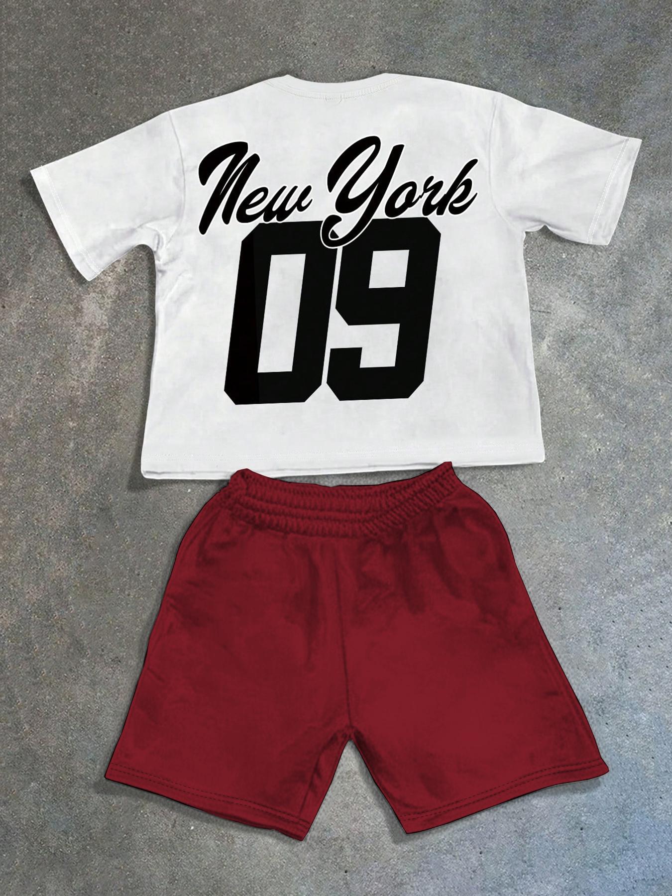 Men's Statue Of Liberty & Letter Print Short Sleeve Tee & Shorts Two-piece Set, Regular Fit Casual Round Neck T-shirt & Track Shorts, Men's Summer Clothes