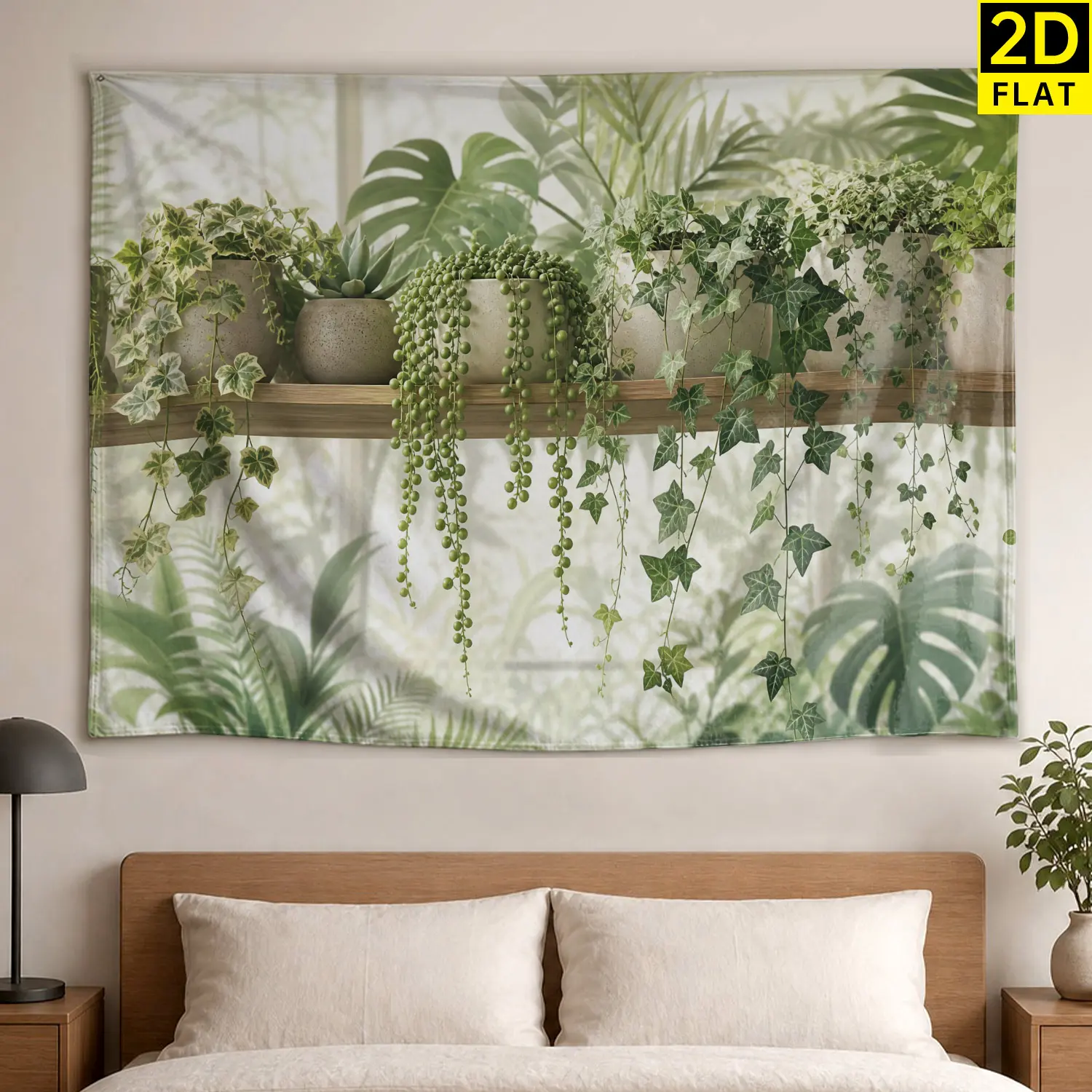 Boho Botanical Wall Tapestry - Large Printed Horizontal Polyester Wall Hanging with Green Ivy, String of Pearls, No Installation Required, Hippie Chic Decor for Living Room, Room Decor Artwork, Gift for Loved Ones