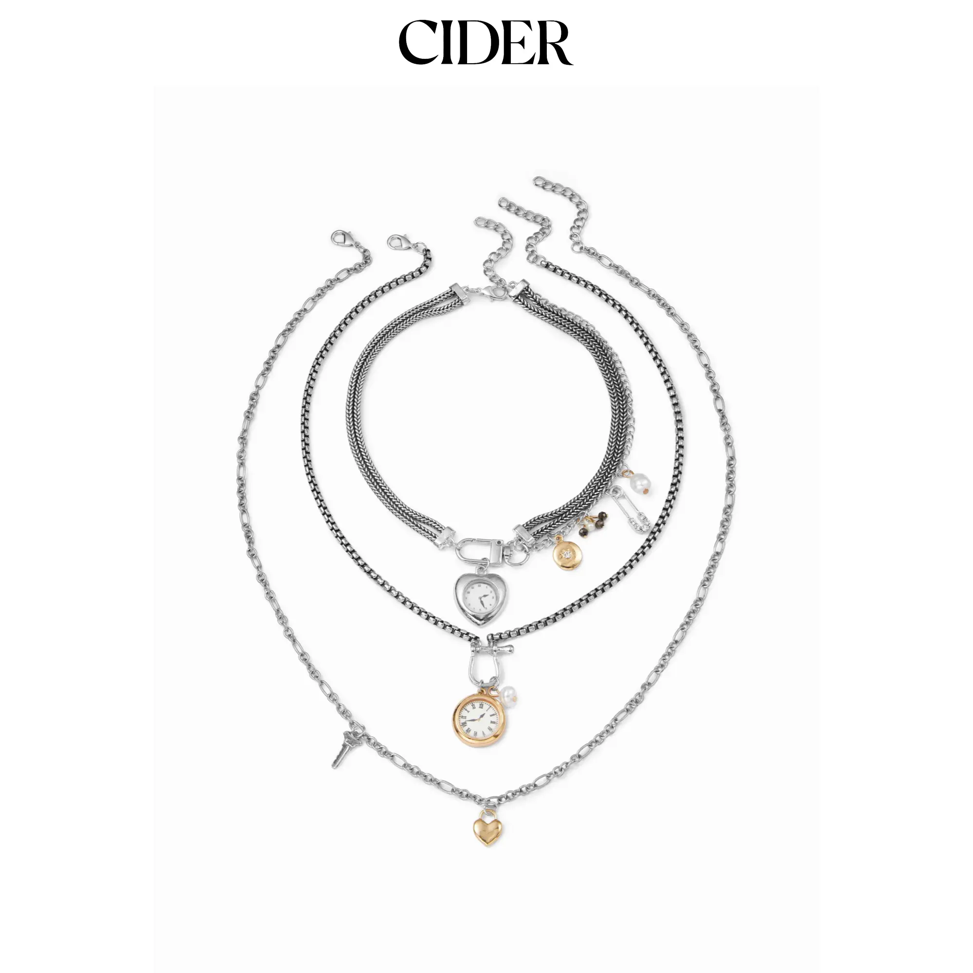 Cider CLOCK & HEART PENDANT LAYERED NECKLACE